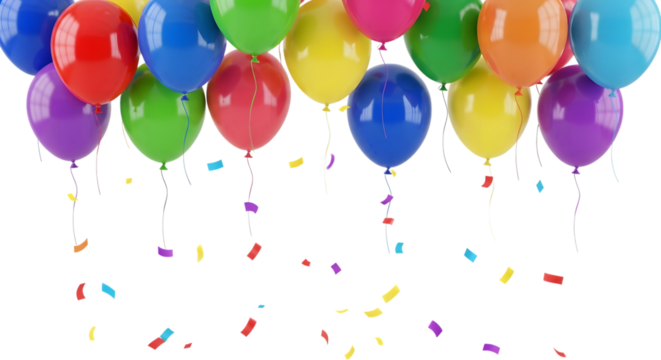 Brightly colored party balloons floating upwards with falling confetti isolated on transparent background - Powered by Adobe