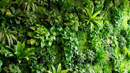 Vertical garden with lush green tropical plants on a living wall background. Generative AI 