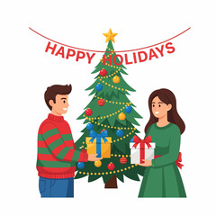 Gift Exchange Near Christmas Tree with Celebratory Banner