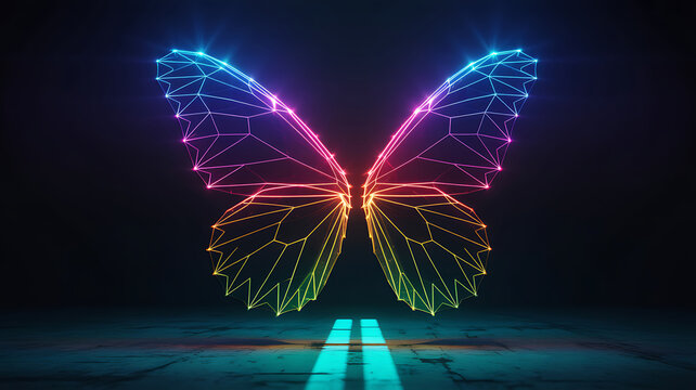 Vibrant neon butterfly wings illuminating the darkness with a spectrum of electric colors