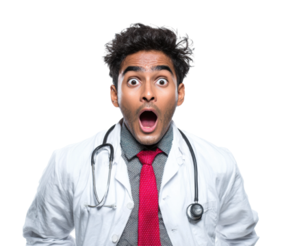 Doctor reacts with shock to medical news in hospital isolated on transparent background
