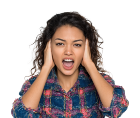 Expressive young woman covering ears portrait emotions isolated on transparent background