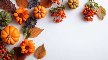 Fototapeta premium A vibrant display of autumn decor featuring pumpkins, flowers, and colorful leaves, perfect for seasonal celebrations.
