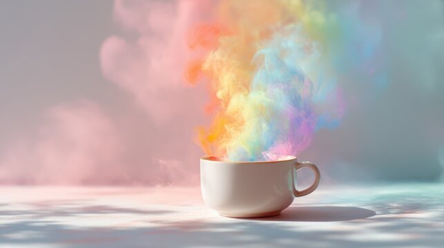 Cup of coffee with rainbow steam rising in soft pastel light