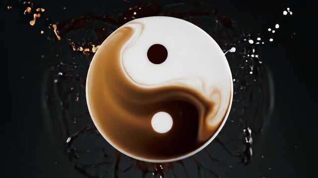 Swirls of rich coffee and smooth cream blend together, forming a beautiful yin-yang design. This mesmerizing creation unfolds in a peaceful kitchen at dawn, welcoming a new day.