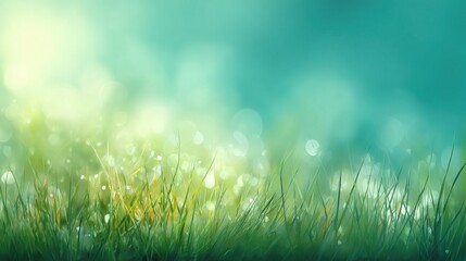 Fototapeta premium A serene patch of green grass with soft light and bokeh effects, creating a tranquil and fresh atmosphere.