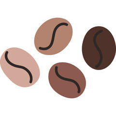 Four cartoon coffee beans of varying shades of brown with black curved lines in a scattered arrangement on a transparent background representing coffee ingredients