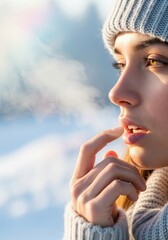 Woman Touching Chapped Lips. Winter Dryness Close-Up Portrait.