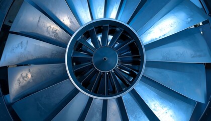 Fototapeta premium Close-up of a jet engine turbine, showcasing its intricate metallic blades and powerful design.