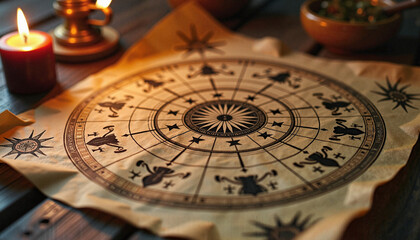  Vintage zodiac chart with candles on wooden table