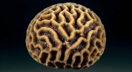 A close-up of brain coral showcasing its intricate, maze-like ridges and valleys in warm tan hues—an organic marvel of marine architecture and biodiversity.