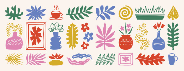 leaf plant floral abstract matisse style shapes set. Hand drawn silhouette branches, blobs, flowers. Contemporary doodle art