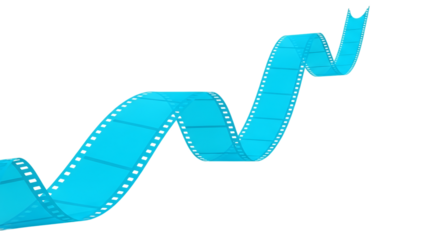 Blue film strip isolated on transparent background represents cinema, photography, and visual storytelling with its iconic design and vibrant color