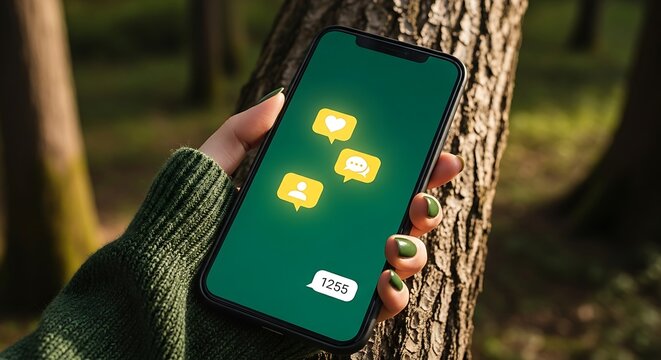 Smartphone with glowing chat bubbles in nature setting.