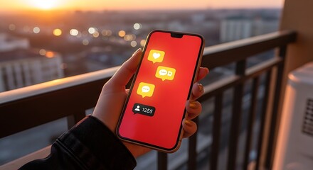 Smartphone with social media notifications on screen held by a person outdoors at sunset.