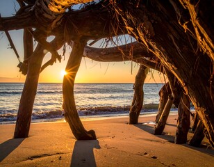 Beach sunset through exposed tree roots, with golden light and gentle waves