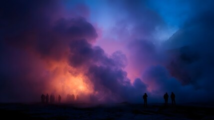 Fototapeta premium Silhouetted figures observe a vibrant geothermal plume at dusk illuminated by colorful light against a dark sky