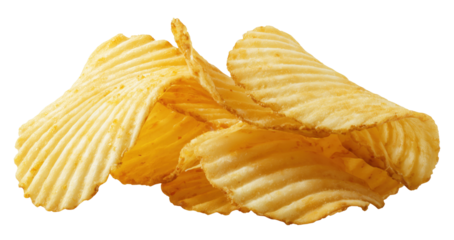 Stack of golden ridged potato chips arranged in pile, isolated on transparent background
