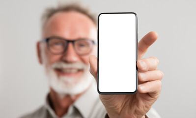 Smiling senior man with glasses holding blank smartphone screen