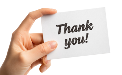 Hand presenting white thank you card with handwritten message, isolated on transparent background
