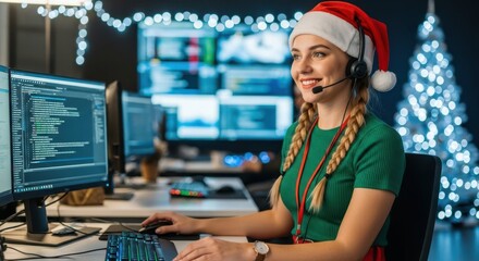 Festive Tech Support: A cheerful call center employee, adorned in a festive holiday attire with a headset, provides assistance and service at the computer terminal. 