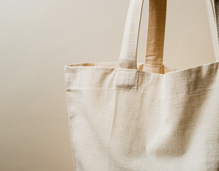 Detail close-up of a blank, reusable cotton canvas tote bag with textured surface and shoulder straps, suitable for sustainable fashion mockup.