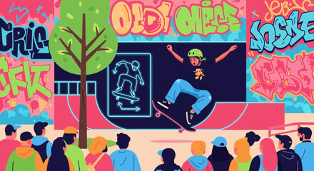 Skateboarding action illustration with vibrant graffiti backdrop and crowd watching