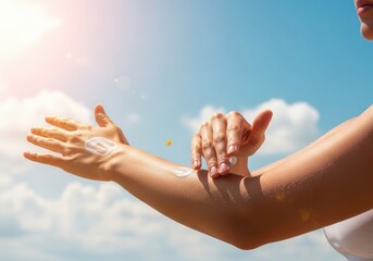 Woman applying sunscreen on her arm against a bright blue sky with fluffy white clouds on a sunny day