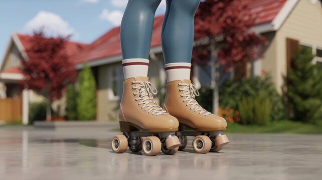 Close-up of a person wearing vintage quad roller skates on an outdoor pavement
