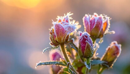 Delicate frost-kissed pink flower buds in the warm glow of sunlight, creating a serene and peaceful scene