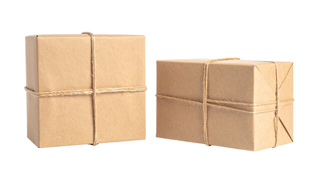  Brown kraft paper parcel tied with string isolated on transparent background
