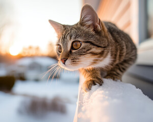 Curious pet explores snowy landscape at sunset, showcasing its playful nature and keen senses. soft snow contrasts beautifully with warm glow of evening light