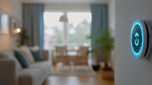 Smart thermostat automatically adjusts temperature in a calm home interior. Soft daylight and subtle LED indicator create a relaxed, modern living atmosphere. No hands or branding shown