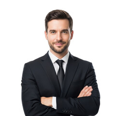 Professional businessman confidently posed with arms crossed wearing a dark suit and tie isolated on transparent background