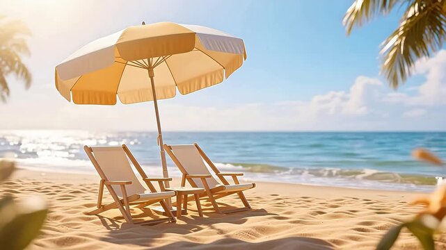 Beach chairs under umbrella by ocean