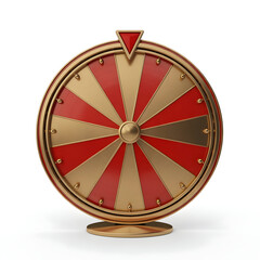 Vibrant 3D golden and red spinning wheel of fortune with a pointer for games of chance prizes and decision making