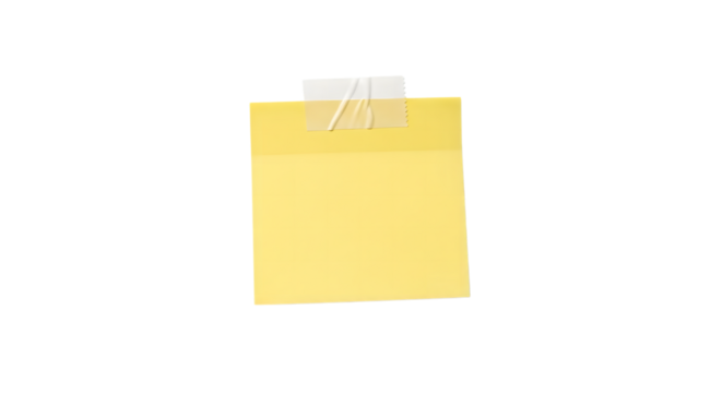 Yellow sticky note with tape attached isolated on transparent background