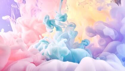 Abstract explosion of soft pastel pink, blue, and yellow smoke creating a dreamy, ethereal fluid art background
