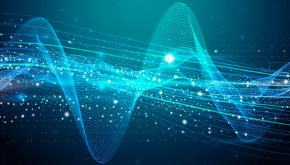 Blue particle wave and glowing lines, abstract technology background