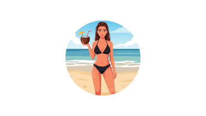 Woman in Bikini on the Beach Holding a Coconut Drink Illustration