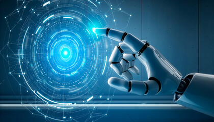 Naklejka premium Futuristic AI Robot Hand Touching Digital HUD Interface for Technology Innovation