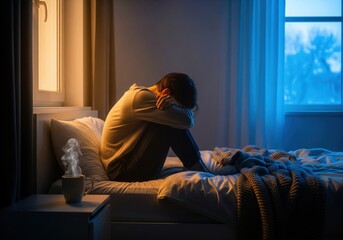 Tired Person Sitting on Bed. Winter Fatigue and Low Energy.