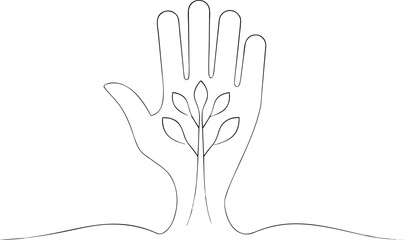 Hand outline with growing plant inside leaves