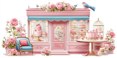 Pink bakery with floral decorations