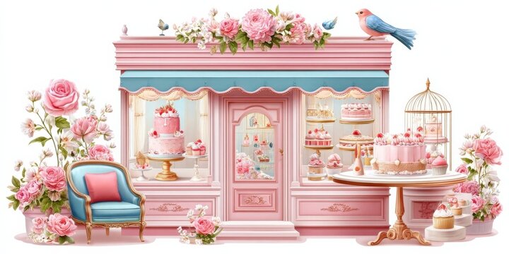 Pink bakery with floral decorations
