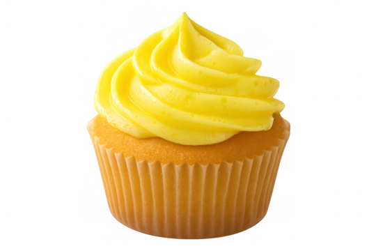 Vanilla cupcake with sweet yellow frosting isolated on transparent background, celebrating party desserts and sugary treats