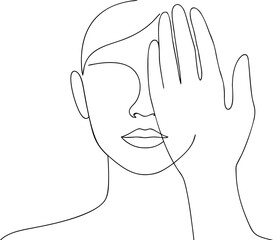 Minimalist Line Art Woman Face With Hand Covering Eye
