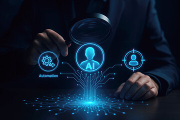 Magnifying Glass Over AI Icon with Automation and Target Icons Connected by Circuits artificial intelligence