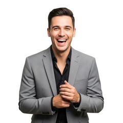 Joyful caucasian man wearing a grey blazer and black shirt laughing heartily with hands clasped isolated on transparent background