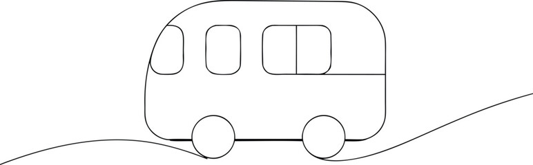 Simple line drawing of a camper van on a wavy road